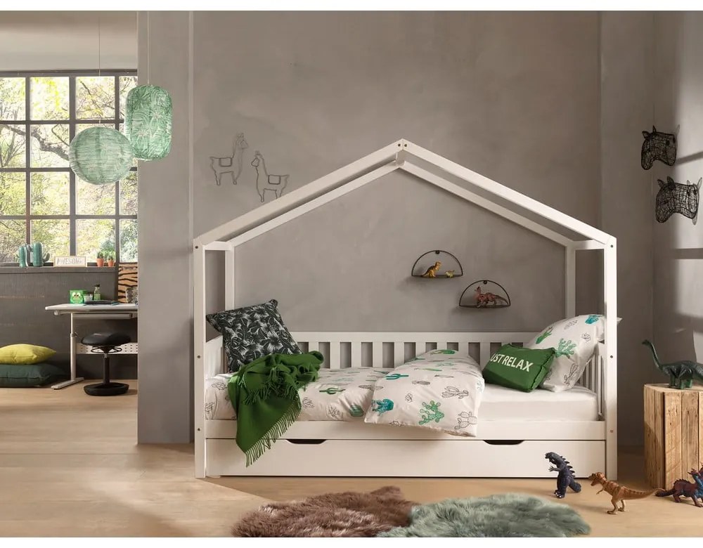 Biela domčeková detská posteľ z borovicového dreva s výsuvným lôžkom a úložným priestorom 90x200 cm DALLAS – Vipack