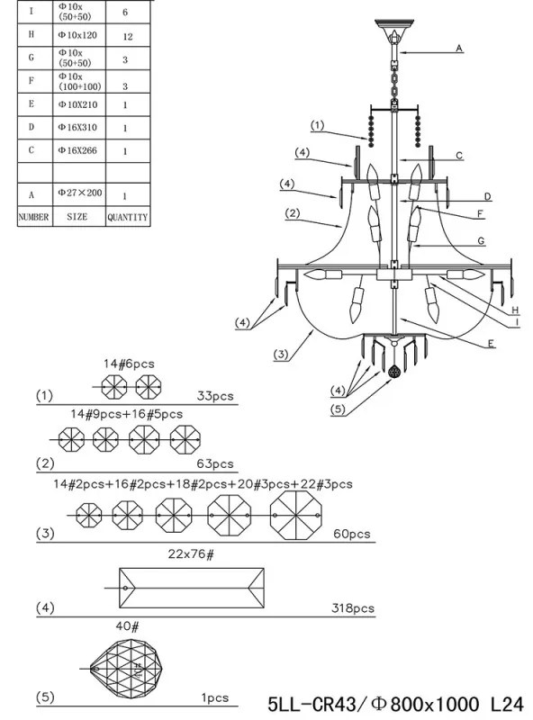24 Pätíc krištáľ luster do lobby Ø80