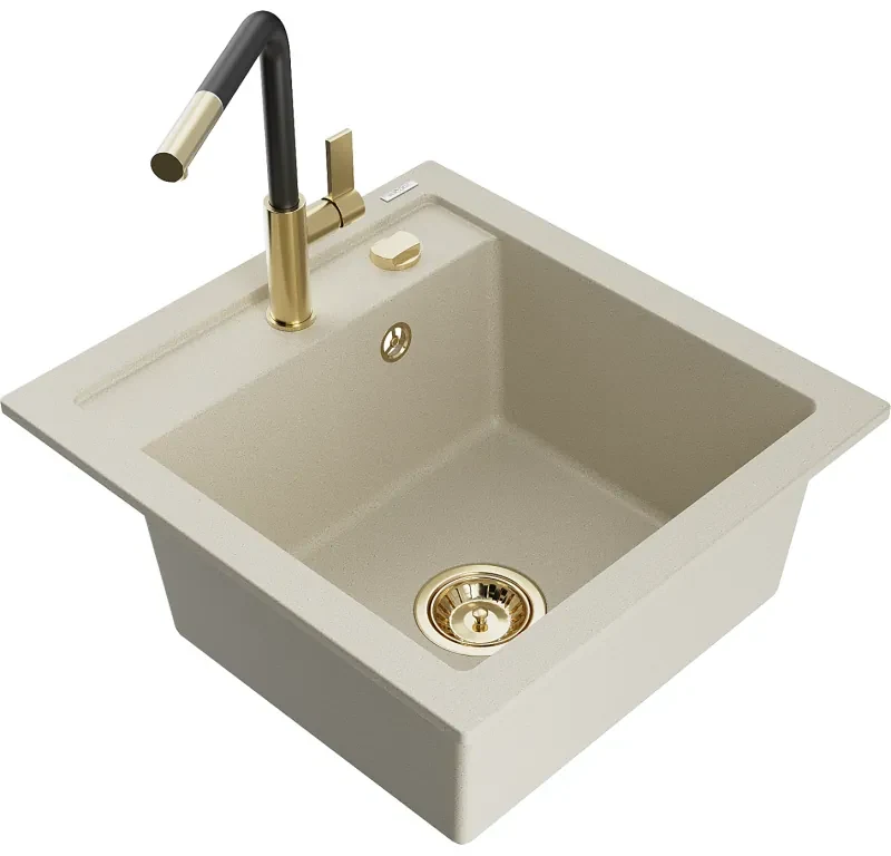 Mexen Vito, 1-komorový granitový drez 490x520x210 mm a drezová batéria Flora, béžová, 6503-69-670401-57-G