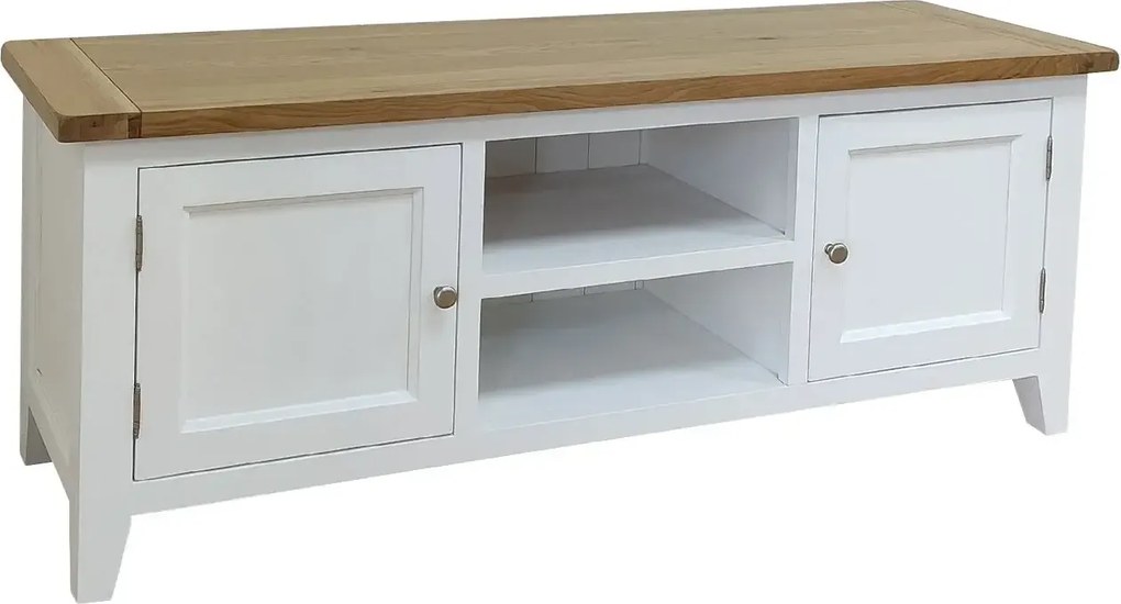 Biela TV skrinka s poličkou a 2 dvierkami, 150x42,5x60 cm