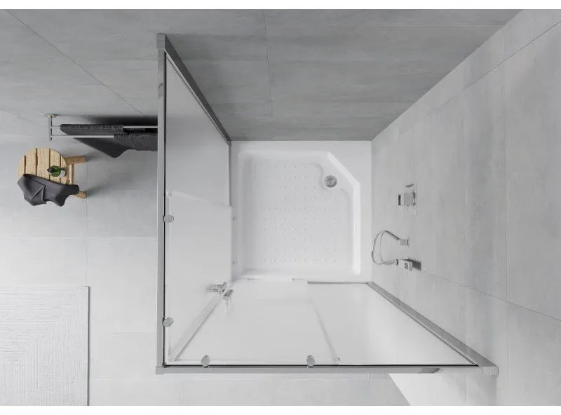Mexen Rio, štvorcový sprchovací kút s posuvnými dverami 90(dvere) x 90(dvere) x 190 cm, 6mm sklo námraza, chrómový profil + biela sprchová vanička RIO, 860-090-090-01-30-4510