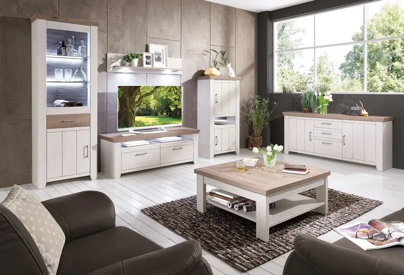 Obývacia stena Cruz, kombi, bielená pínia/šedý dub