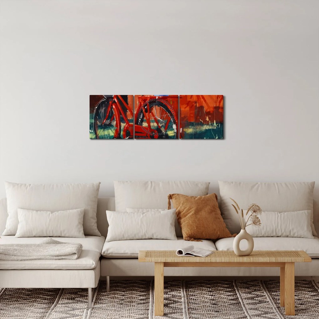 Obraz červeného kolesa, akrylová maľba (s hodinami) (90x30 cm)