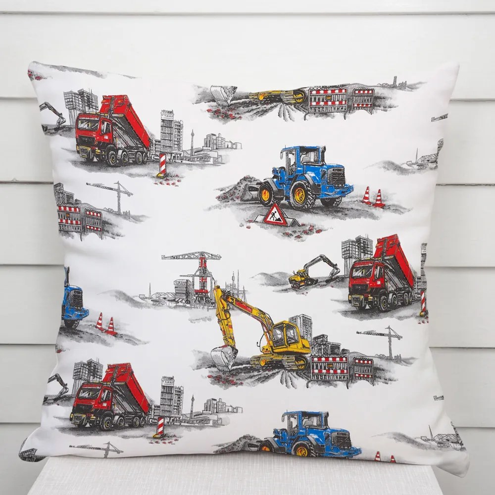 Biante Detská bavlnená obliečka na vankúš Sandra SA-578 Nákladiaky a bagre na bielom 30 x 50 cm