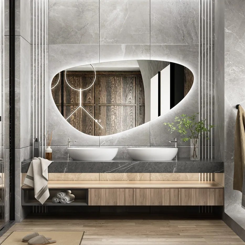 Erga Amelia, asymetrické LED zrkadlo 140x75 cm, 4477 lm, 3 farby svetla, zadné osvetlenie, ERG-V01-407-1475-00