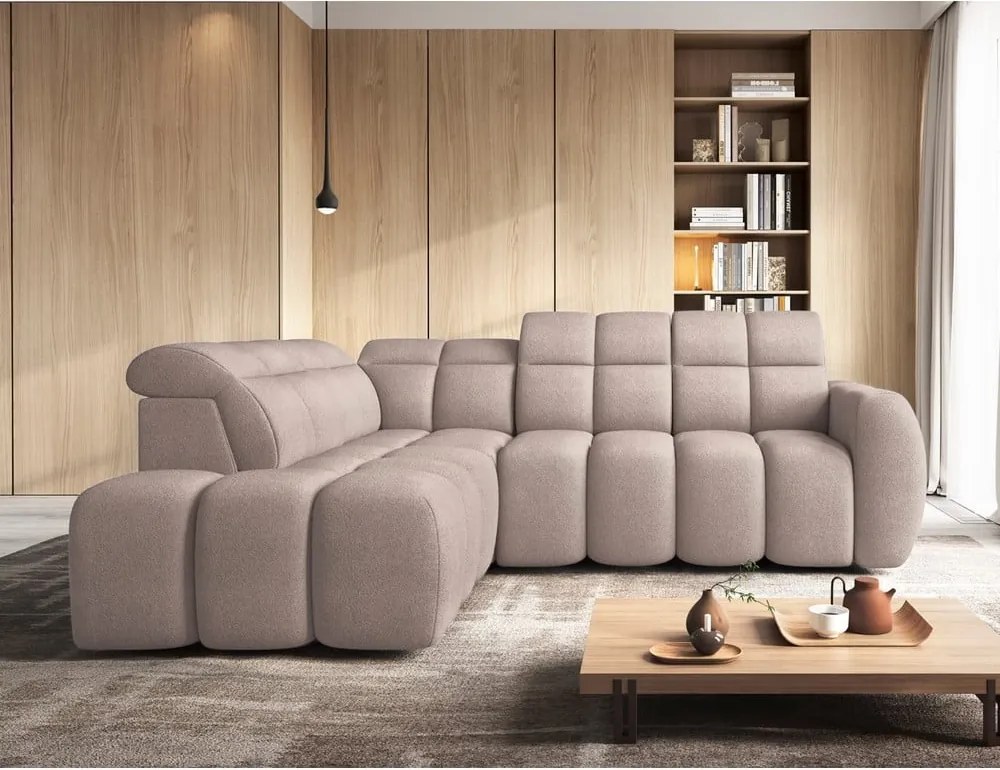 Svetlohnedá rozkladacia/s úložným priestorom rohová pohovka z textílie buklé (ľavý roh/do L) Falconn – ELTAP