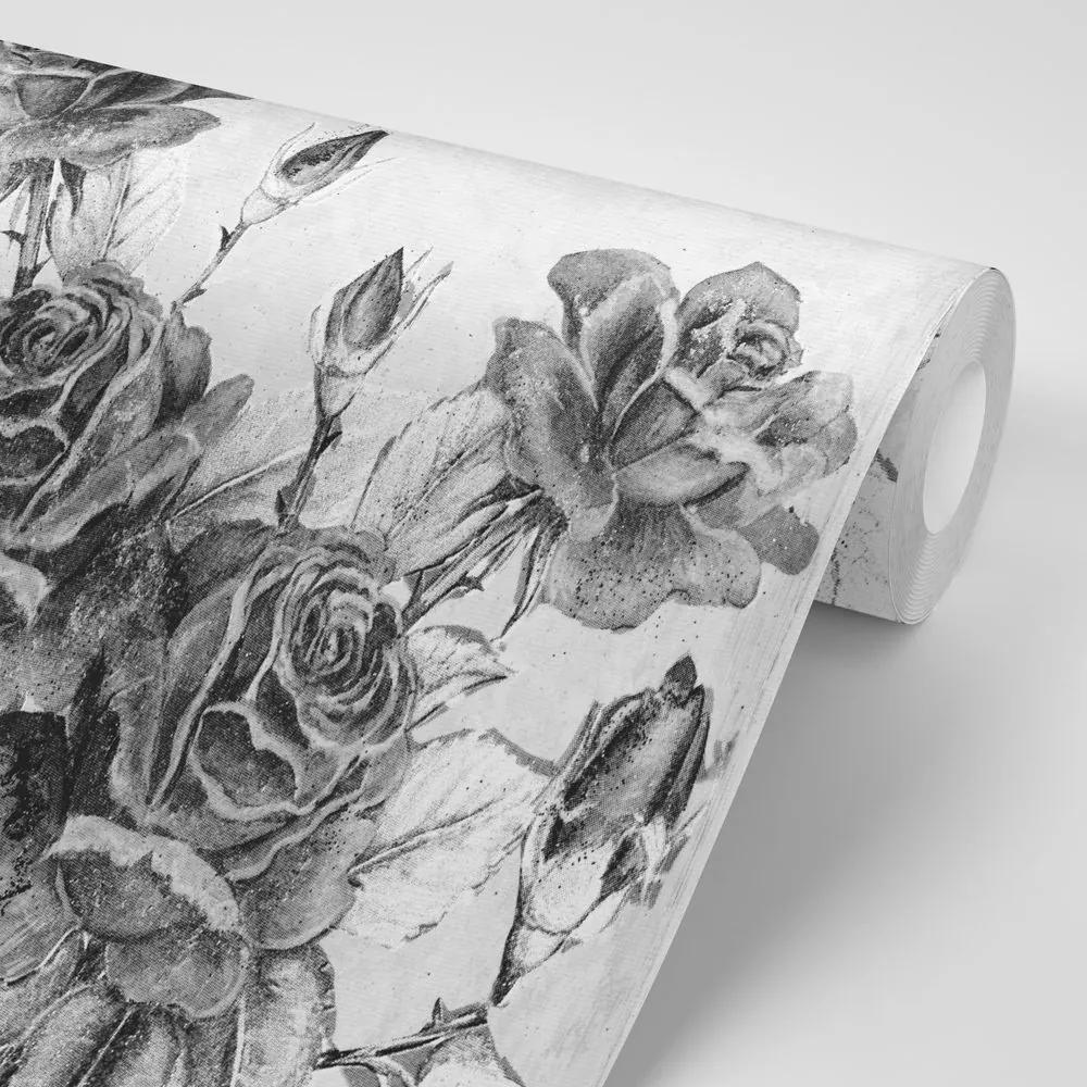 Samolepiaca tapeta čiernobiela vintage kytica ruží - 225x150