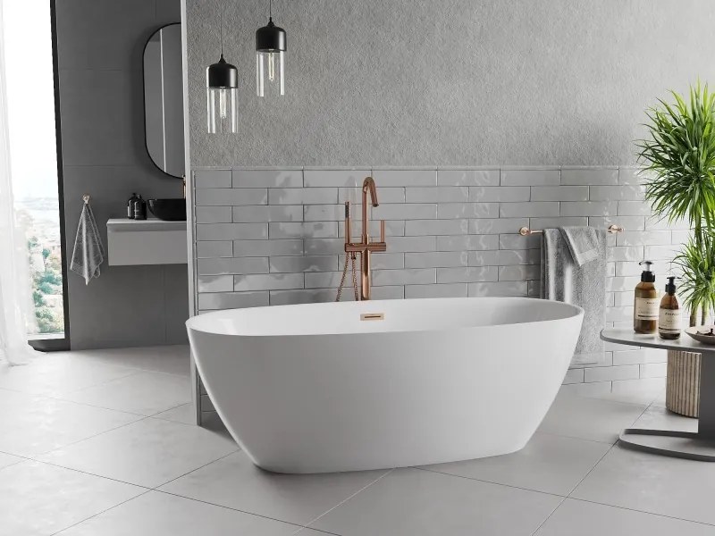 Mexen Luvo Slim, voľne stojaca vaňa 170 × 75 cm, biela lesklá, medený prepad, 52801707500-65
