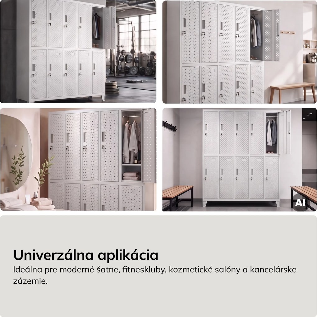 Šatní bezpečnostná skriňa, schránková, perforovaná, 10 schránok, biela, 1360x1720x450 mm: BARTEK PRO