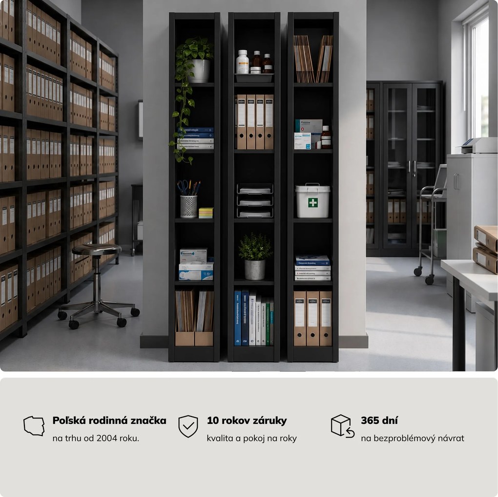 Úzky kovový archivačný regál na dokumenty čierny, 250x1850x400 mm: TIM
