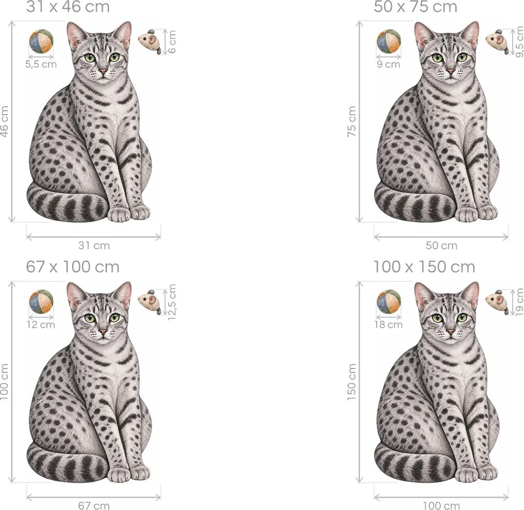Egyptská mau s loptičkou a myškou striebristo bodkované mačacie nálepky na stenu arch 31 x 46 cm