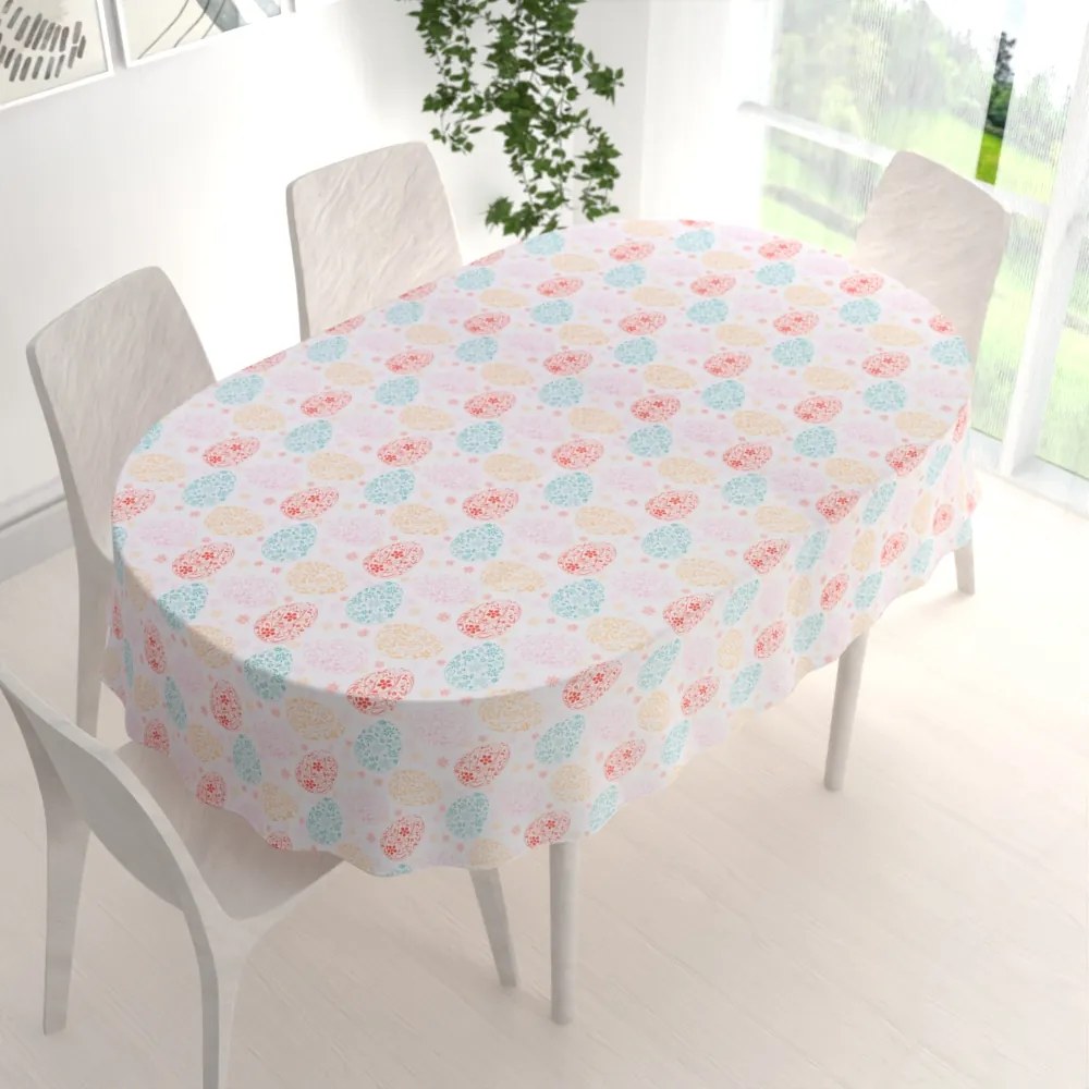 Biante Veľkonočný teflónový oválny obrus TF-106 Farebné kraslice na bielom 50x100 cm