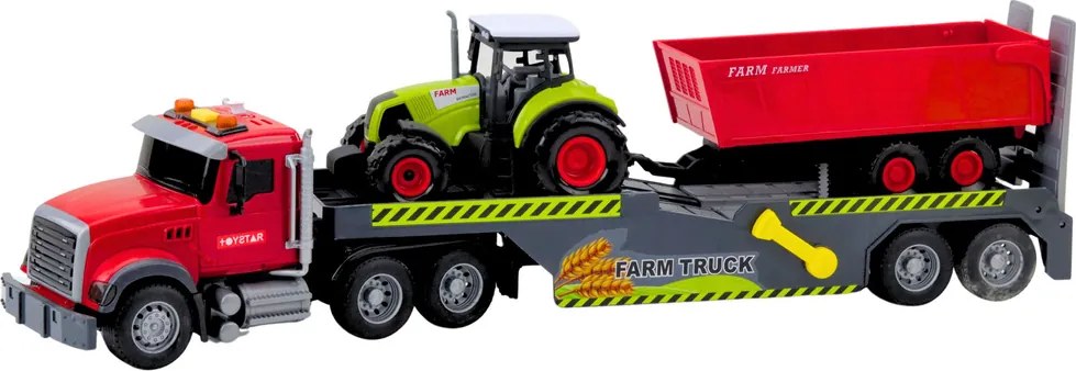 LEAN Toys Sada ťahač traktor s prívesom, svetlá a zvuky, červená