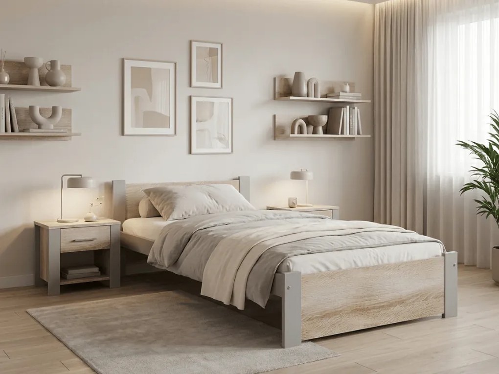 Posteľ IKAROS 90 x 200 cm, dub sonoma/sivá Rošt: S lamelovým roštom, Matrac: Matrac DELUXE 10 cm