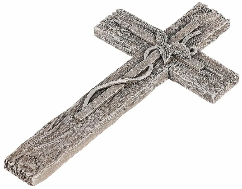 Pietne dekorácie Kríž s lístkami, imitácia dreva, polyresin, 11 x 21 x 2 cm