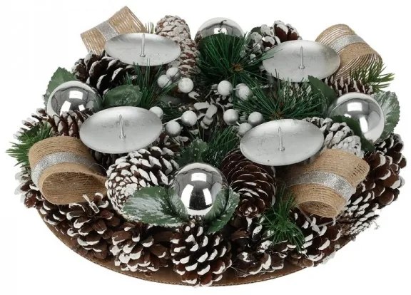 Vianočný svietnik so šiškami – strieborný 27 cm