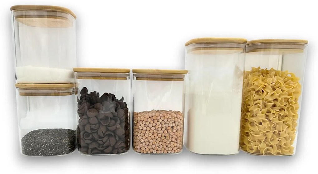 Orion Sada 6 sklenených hranatých dóz s bambusovým vekom - BORO6