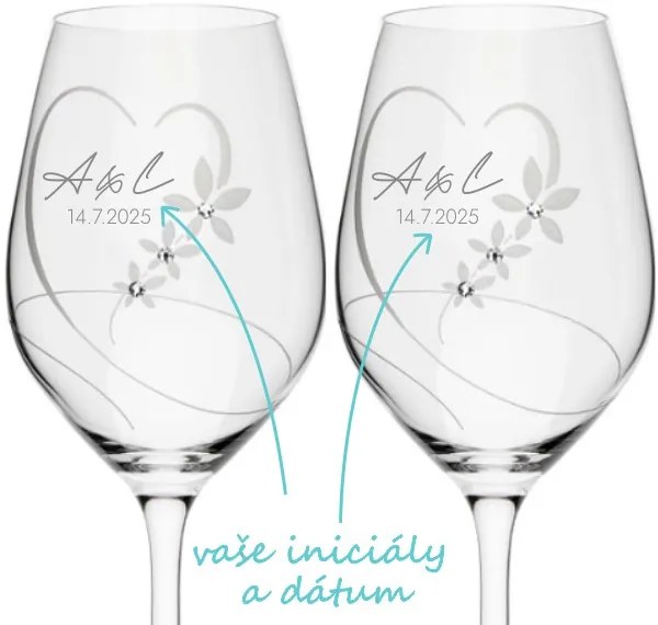 Svadobné poháre na víno Kvetinové srdce s kryštálmi 2 ks