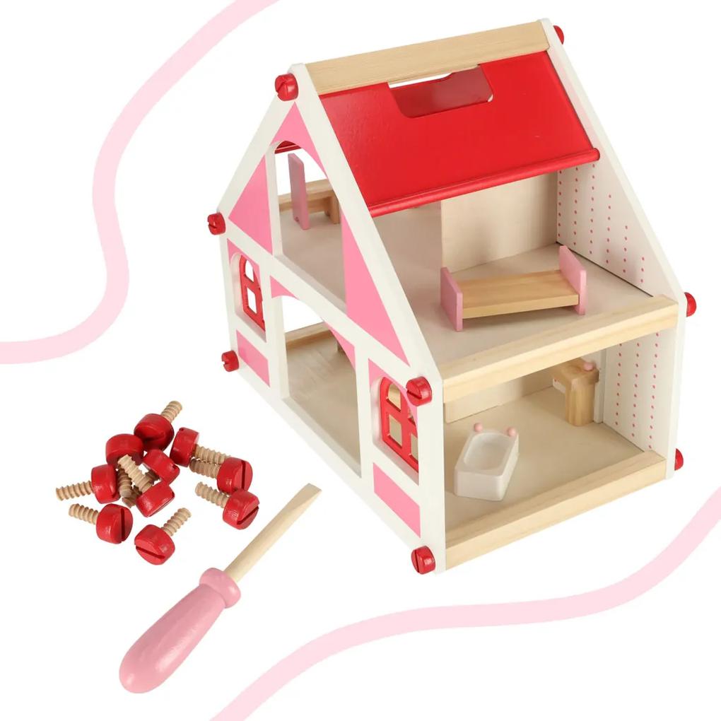 KIK Drevený domček pre bábiky bielo-ružový + nábytok 36cm