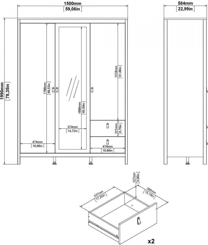 Šatníková skriňa Realty 150 cm so zrkadlom čierna