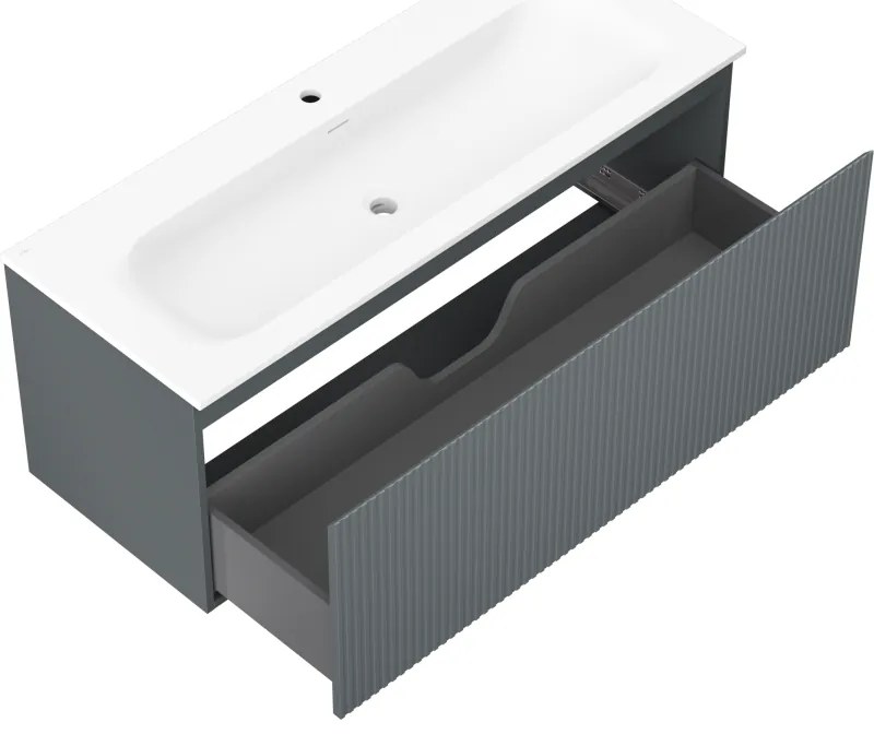 Mexen Rivel, kúpeľňová skrinka 120 cm s umývadlom Vela, 1 zásuvka, drážkovaná, grafitová matná/biela matná, 91A20-12047-1-BF66-W23M0