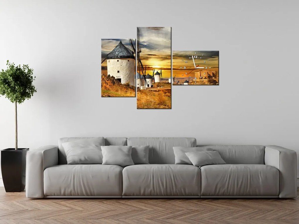 Gario Obraz s hodinami Veterné mlyny v Španielsku - 3 dielny Rozmery: 90 x 70 cm