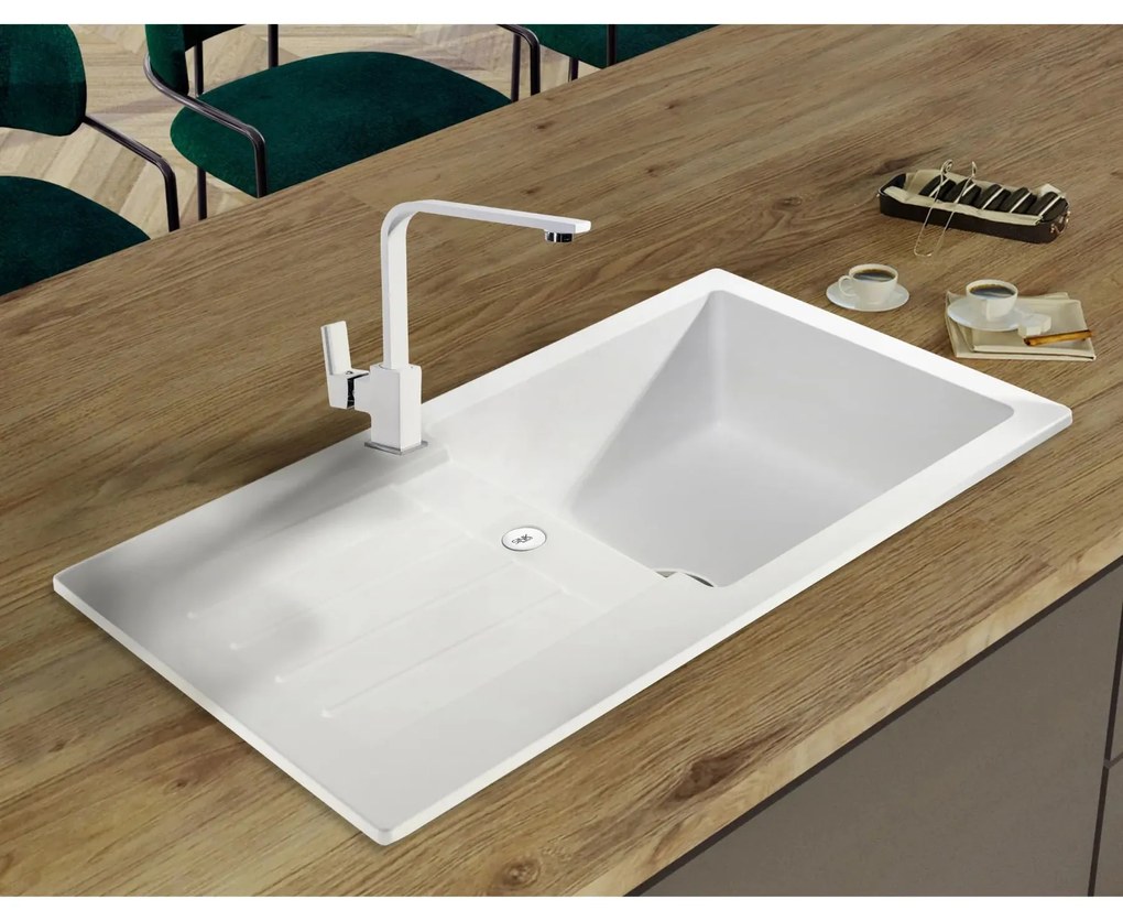 Sink Quality Natalie, kuchynský granitový drez 770x450x170 mm + chrómový sifón, biela, SKQ-NAT.W.1KDO.X