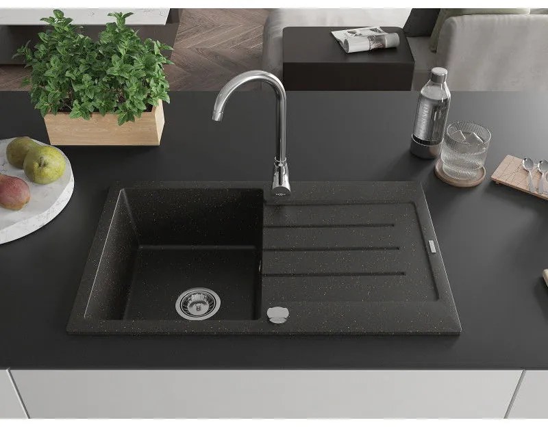 Mexen Bruno, 1-komorový granitový drez s odkvapkávačom 795x495x200 mm a chrómová kuchynská batéria Telma, čierna - zlatá metalíza, 6513-75-670200-00