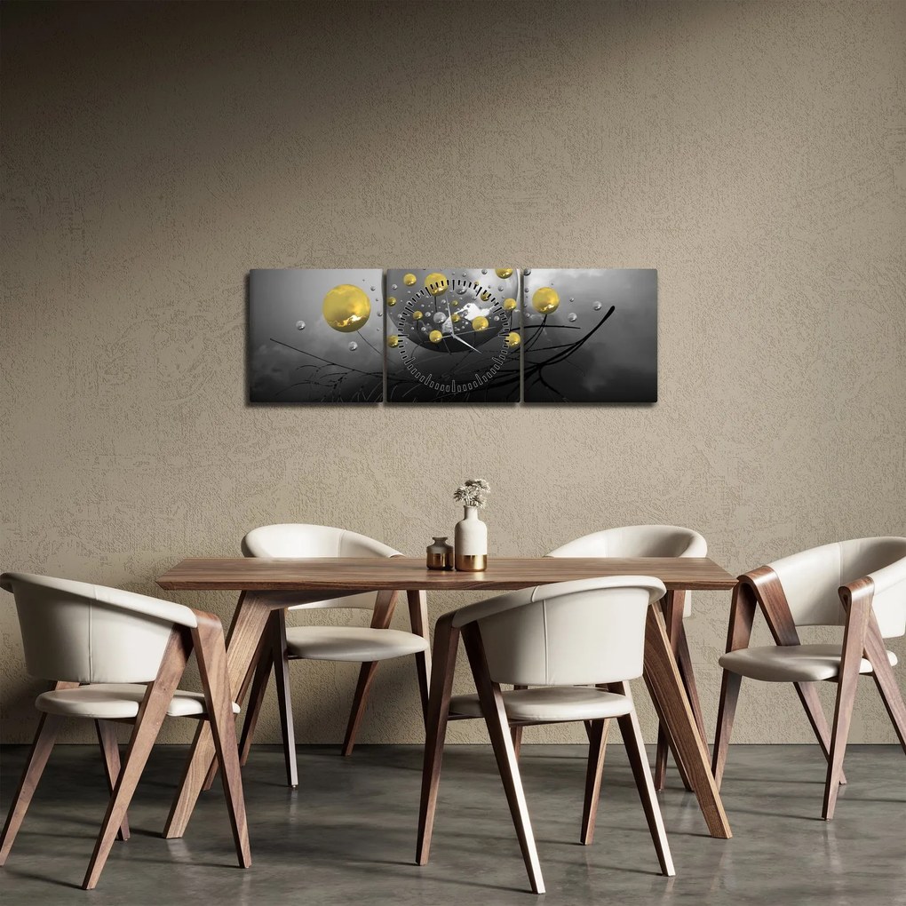 Obraz zlatých abstraktných gulí (s hodinami) (90x30 cm)