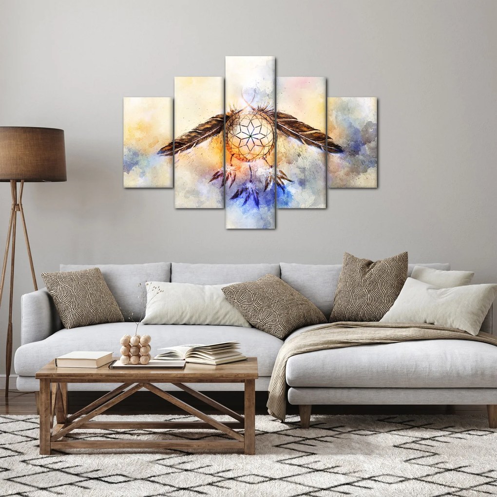 Obraz - Lapač snov s pierkami (150x105 cm)