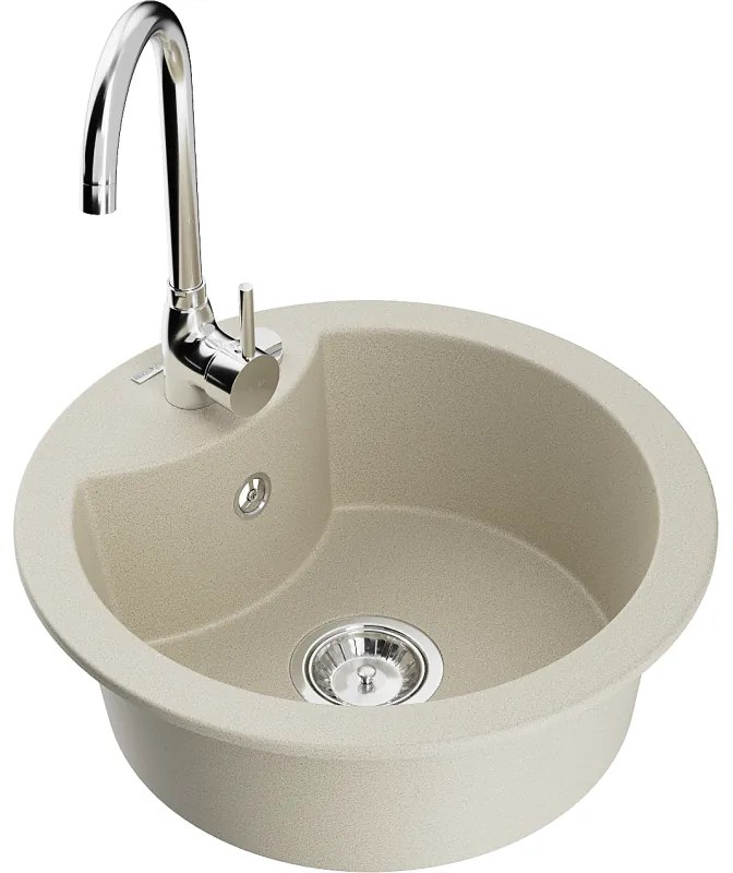 Mexen Diego, 1-komorový granitový drez 488x488x167 mm, chrómový sifón, chrómová batéria Telma, béžová, 6512-69-670200-00