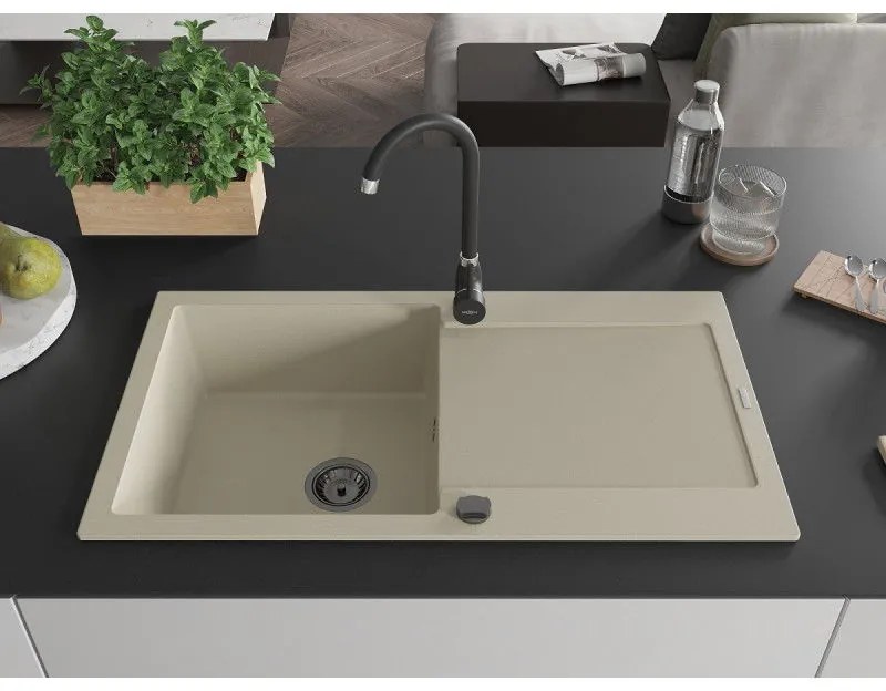 Mexen Leo, drez granitový 900x500x190 mm, 1-komorový, béžová s čiernym sifónom, 6501901010-69-B