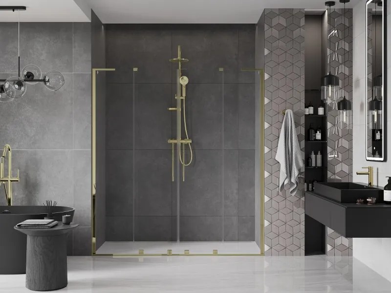 Mexen Velar L Duo, posuvné sprchové dvere do otvoru 200 cm, 8mm číre sklo, zlatá lesklá, 871-200-003-02-50