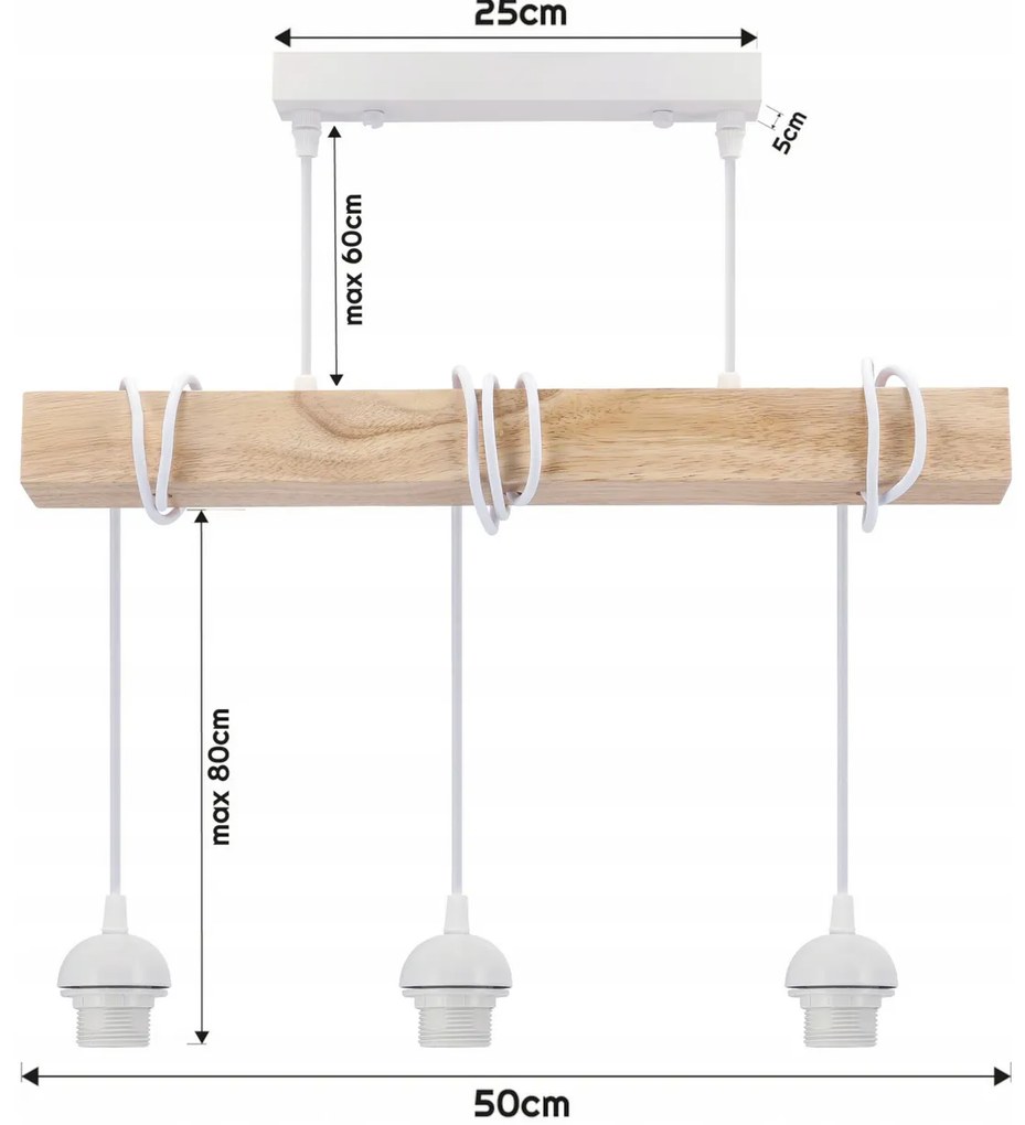 BERGE LED závesné stropné svietidlo, drevený trám, 3xE27, loft, brilantné drevo - biela