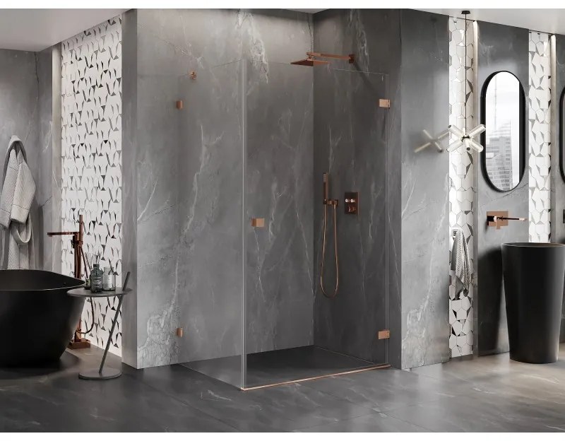 Mexen Lunar-B, pravostranný výklopný sprchový kút 90 x 80 cm, 8mm číre sklo, profil medená matná, 832-090-080-65-00-P
