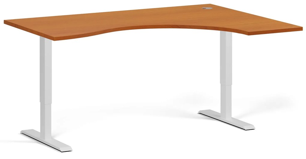 Ergonomický výškovo nastaviteľný stôl, 160x120 cm, 2 motory, L/P, biela podnož, čerešňa