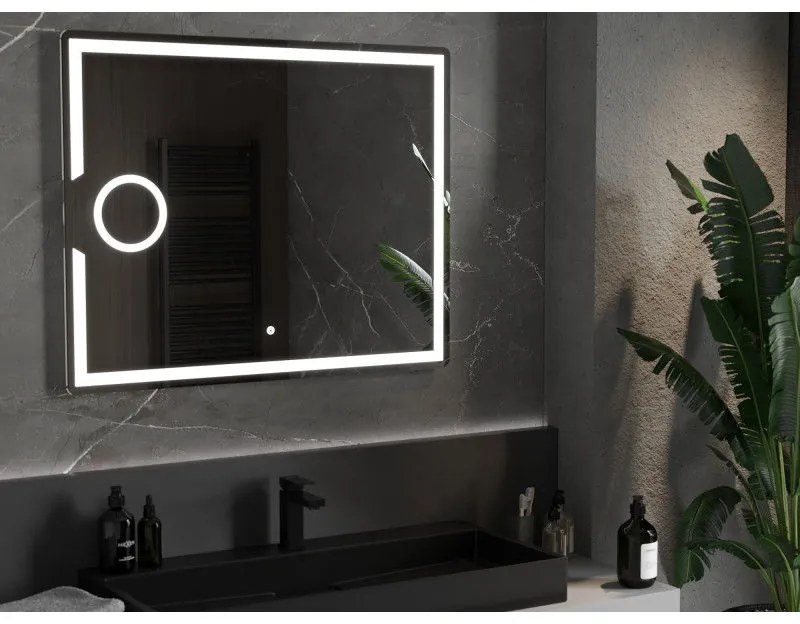 Mexen Onyx, LED kúpeľňové zrkadlo s podsvietením a kozmetickým zrkadielkom 100x80 cm, 6000K, ochrana proti zahmlievaniu, 9813-100-080-611-00