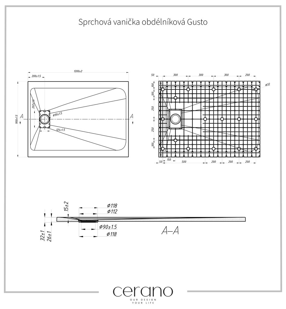 Cerano Gusto, obdĺžniková sprchová vanička 120x90x3 cm z minerálneho kompozitu, čierna matná, CER-CER-414722