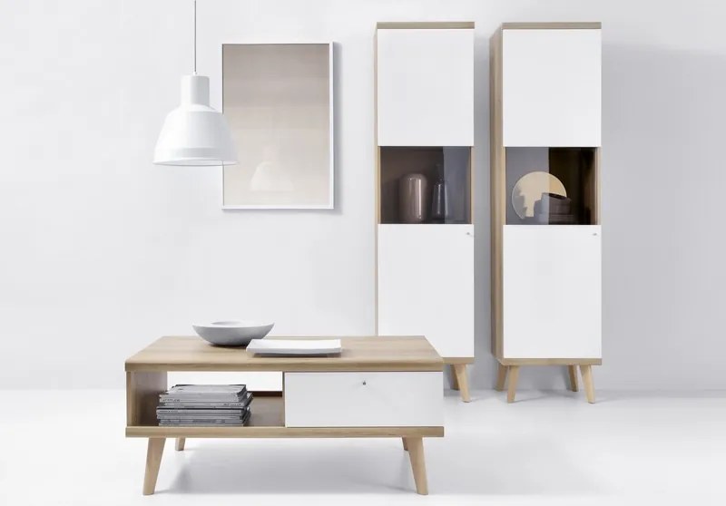 Vysoká vitrína Primo, dub riviera/biela