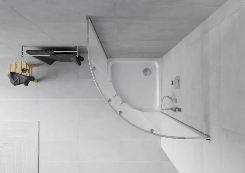 Mexen Rio, štvrťkruhový sprchovací kút s posuvnými dverami 90 x 90 cm, 6mm sklo námraza, chrómový profil + biela sprchová vanička, 863-090-090-01-30-4110