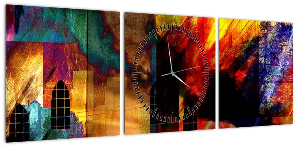Obraz - Farebná abstrakcia mesta (s hodinami) (90x30 cm)