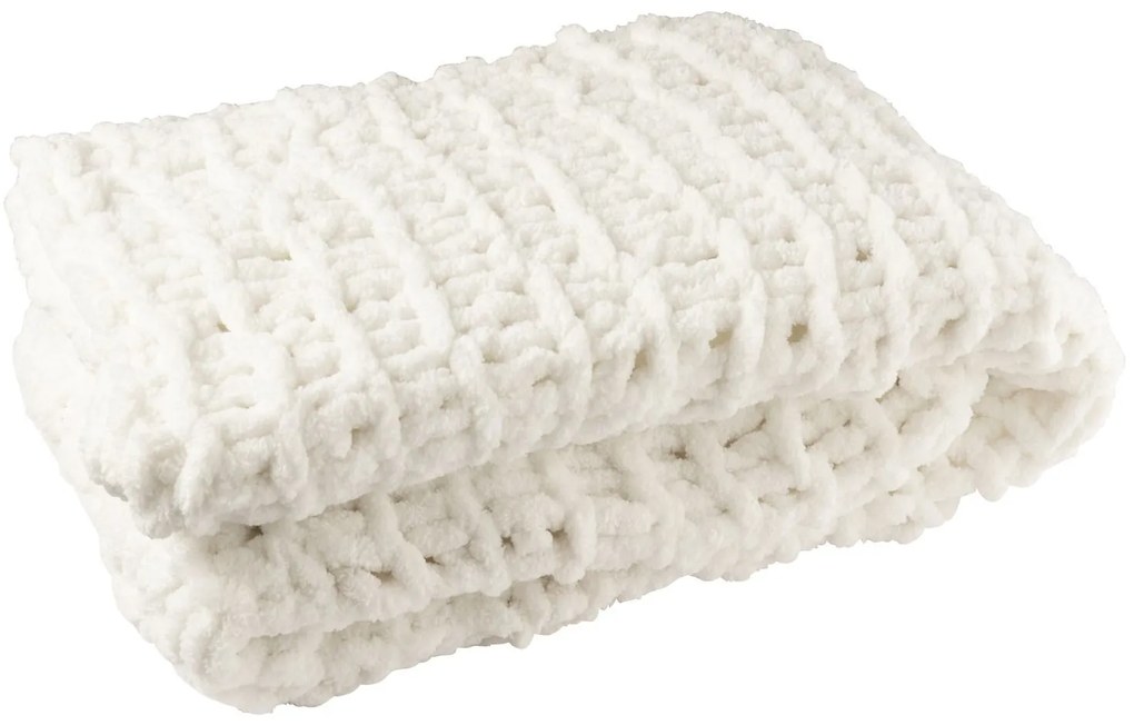 Biely plyšový mäkučký pletený pléd s veľkými okami Blanc - 130*170 cm