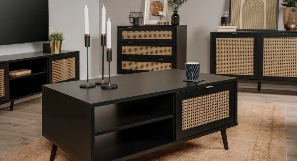 Zásuvková komoda Vienna, čierna/výplet