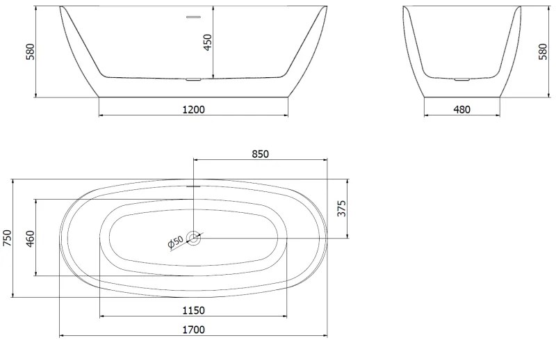 Mexen Luvo Slim, voľne stojaca vaňa 170 × 75 cm, biela-čierna, chrómový prepad, 52801707575-01