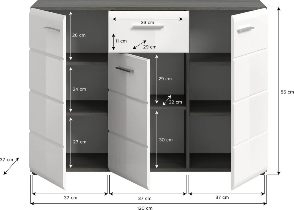 Komoda so zásuvkou Salsa, 120 cm, sivý dub/biely lesk