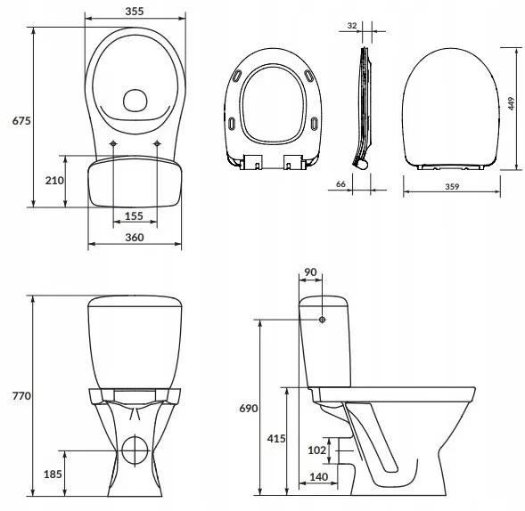 Cersanit Cersania SimpleOn 010 - WC kombi 3/6l + Slim sedátko s pomalým zatváraním z duroplastu, horizontálny odpad, biela, K11-2338