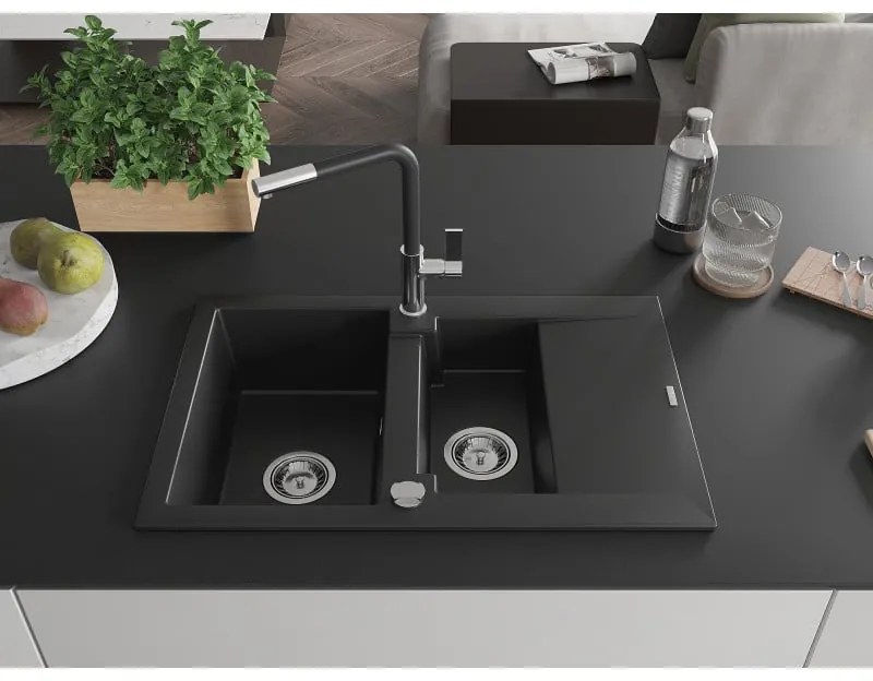 Mexen Gaspar, 1,5-komorový granitový drez 737x475x177 mm a drezová batéria Flora, čierna, 6507-77-670401-07