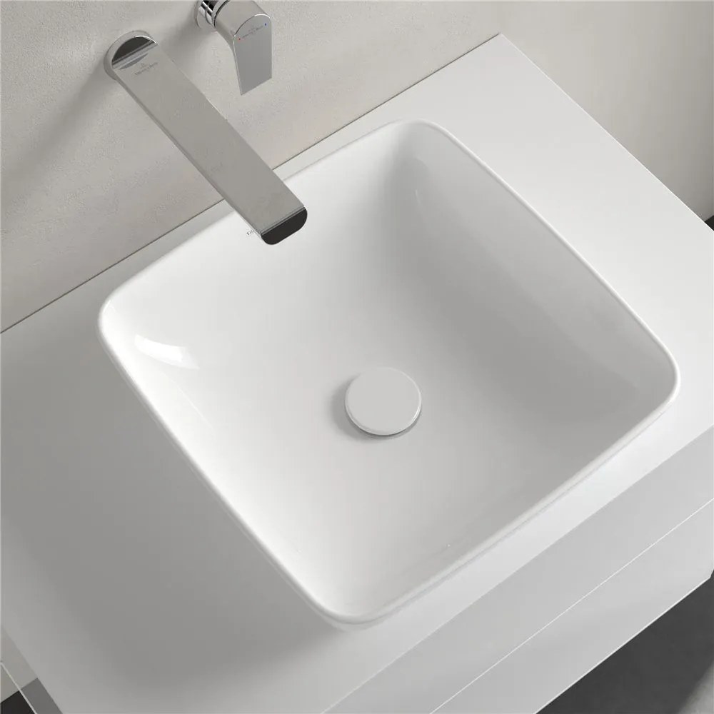 VILLEROY & BOCH Artis štvorcové umývadlo na dosku bez otvoru, bez prepadu, 410 x 410 mm, biela alpská, 41784101