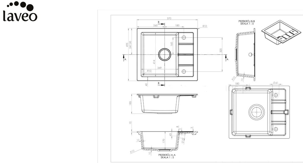 Laveo Trzynastka, 1-komorový granitový drez 570x500x185 mm, béžová, LAV-SBPE413Y