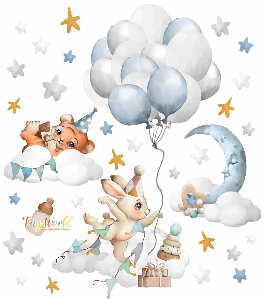 Gario Detská nálepka na stenu Tiny world - zajačik s balónmi a tigrík na obláčiku